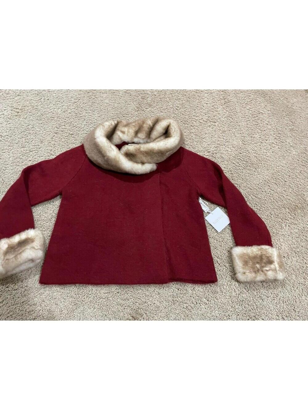 NWT Ellen Tracy Red Cardigan with Faux Fur Collar/ Cuffs Wool Blend XL X-Large